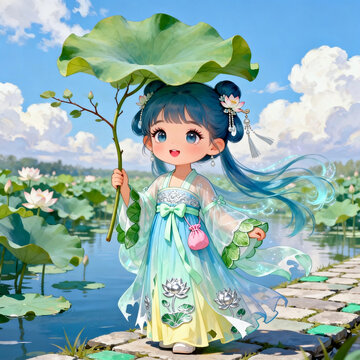 Cute Chibi Hanfu Girl Holding Giant Lotus Leaf Umbrella