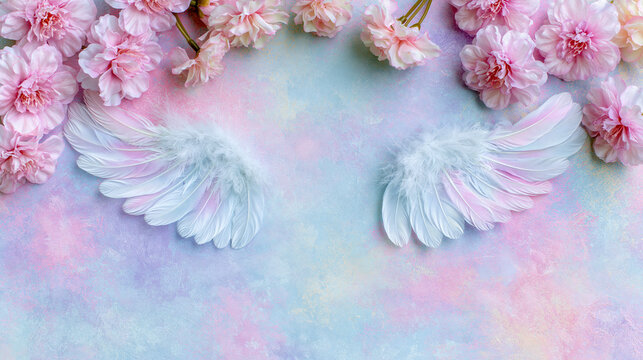 Angel wing feather wing pink flower floral border pastel background sympathy card memorial card white feather wing pair soft texture romantic