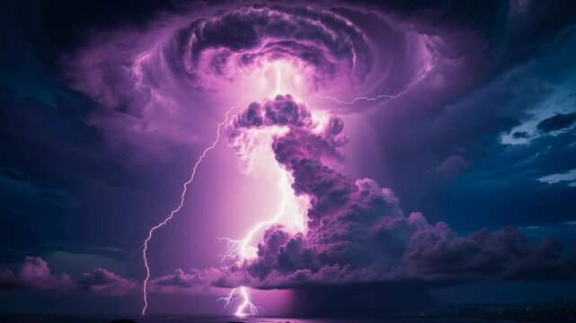 Powerful lightning storm with dramatic purple clouds over dark landscape at night