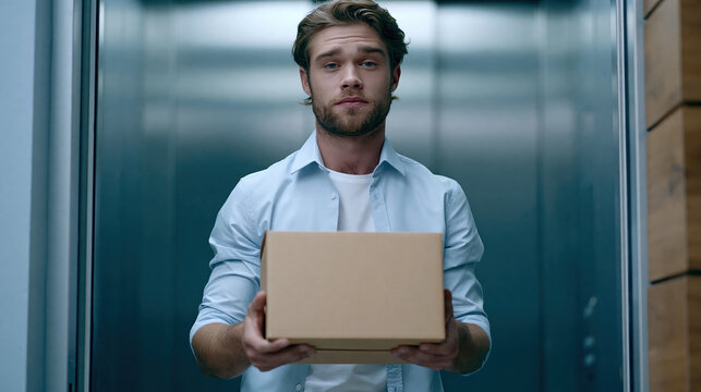 Box man office elevator employee cardboard job dismissal unemployment career adult male standing holding portrait sad worried professional