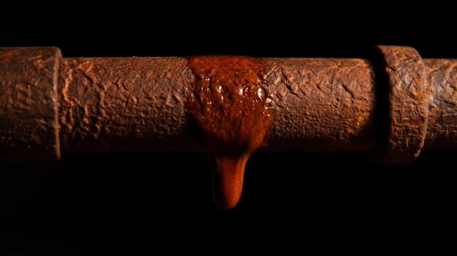 Close up of a rusty metal pipe leaking dark liquid against a black background.