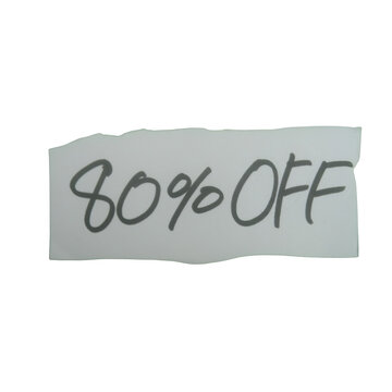 Handwritten 80 percent off sign on a small torn paper scrap isolated on transparent background