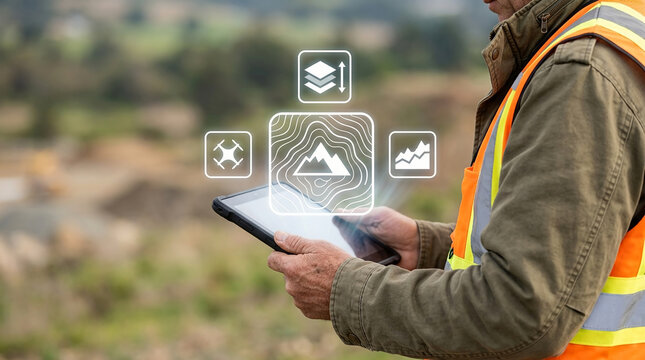 Construction engineer using tablet with holographic interface for topographic mapping and drone surveying at an industrial development site area.