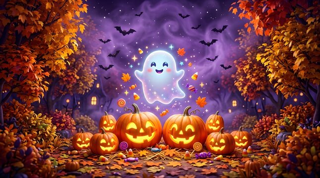 Whimsical halloween scene with friendly ghost jack o' lanterns and falling autumn leaves for festive decorations