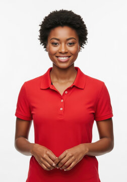 Smiling woman with hands clasped in red polo shirt