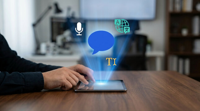 Professional using a digital tablet with holographic icons for voice chat, language translation, and instant messaging in a modern office background.