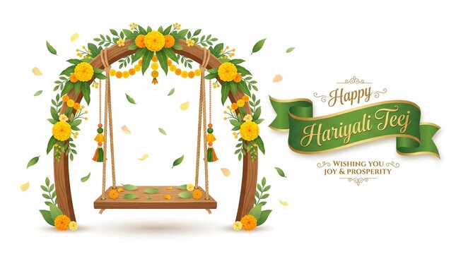 Happy Hariyali Teej Floral Swing Greeting Banner Illustration