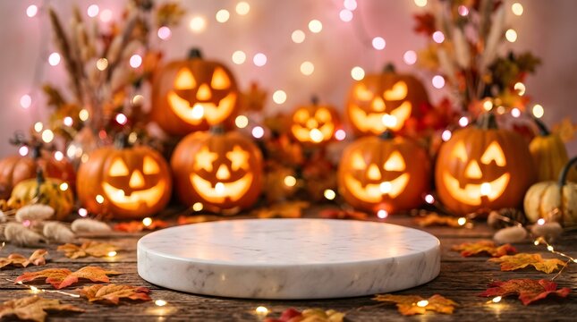 Halloween pumpkin display with marble platform for product showcase and festive fall decoration
