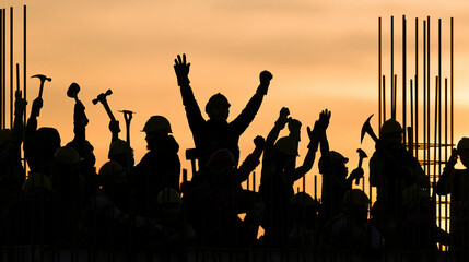 Fototapeta premium Construction worker group celebration sunset silhouette