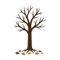 Bare tree with dark trunk and colorful fallen autumn leaves on the ground Vector © azad
