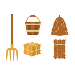 Set of farm tools including a pitchfork wooden bucket hay stack and square hay bale for harvest Vector © azad