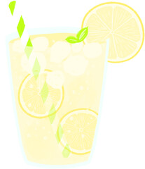 Refreshing glass of lemonade with ice cubes, lemon slices and a green straw, vector illustration © Ji Yoon-mi