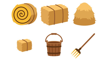 Set of hay bales with a wooden bucket and a pitchfork for farming and agricultural design Vector © azad