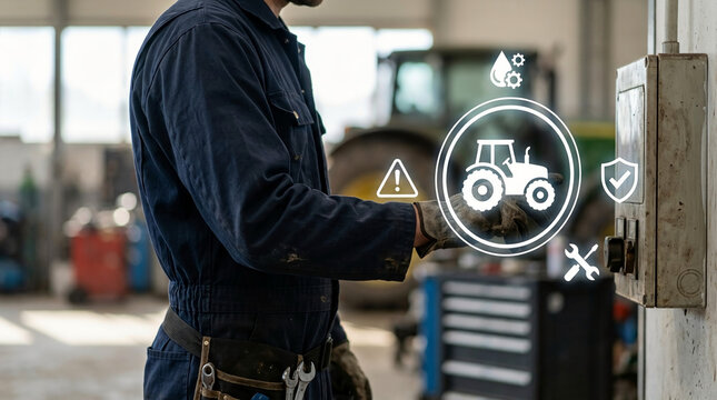 Professional Mechanic Using Advanced Smart Technology Digital Interface for Tractor Diagnostics and Maintenance in Industrial Farming Workshop
