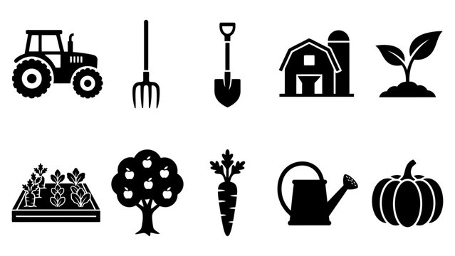 Set of black farming and agriculture icons featuring tractor barn shovel and garden crops Vector