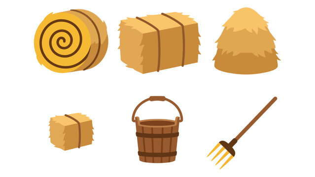 Set of hay bales with a wooden bucket and a pitchfork for farming and agricultural design Vector
