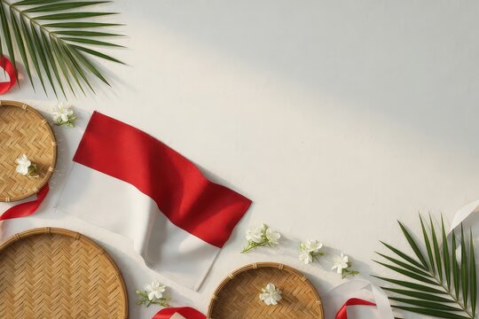 Natural 17 August Decoration Frame with Red-White Fabric, Tropical Leaves, and Woven Coconut Leaves