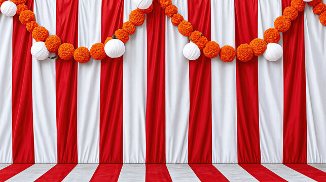 Festival backdrop with red white drape and marigold garland decoration for cultural ceremony