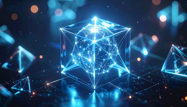 Academic Ai Integrity Glowing Geometric Cube Digital Illustration Representing Academic Ai Integrity And Secure Data Network Nodes in Abstract Space