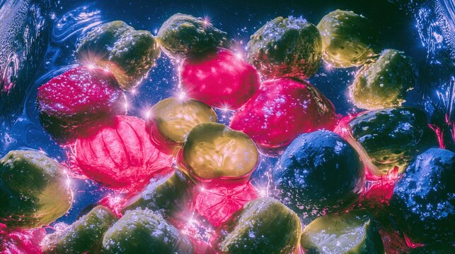 Glowing sliced beets and green pickles in water with a luminous backlighting effect for a textured food background and culinary art