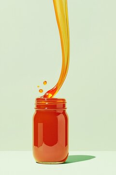 Thick amber preserve pouring upward from a glass mason jar against gravity, glowing syrupy liquid rising into tall copy space for food branding and artistic advertising