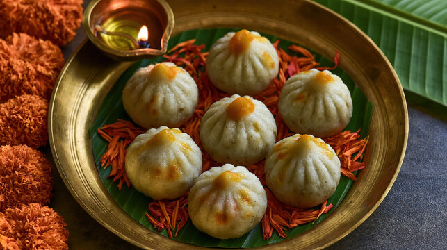 Indian festival sweet flat lay, modak dessert on banana leaf with lamp and marigold