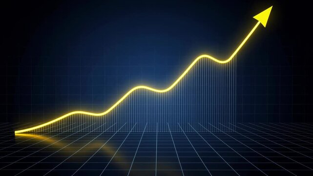 Glowing yellow arrow graph showing rising business growth and success on dark grid background