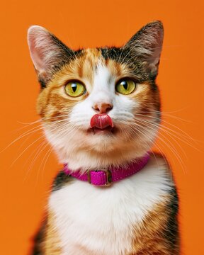 Portrait of a hungry calico cat licking its lips on a vibrant orange background for a playful pet food advertisement with copy space