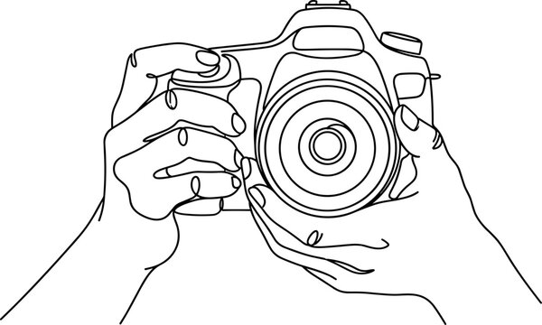 Continuous line drawing of hands holding a professional camera.