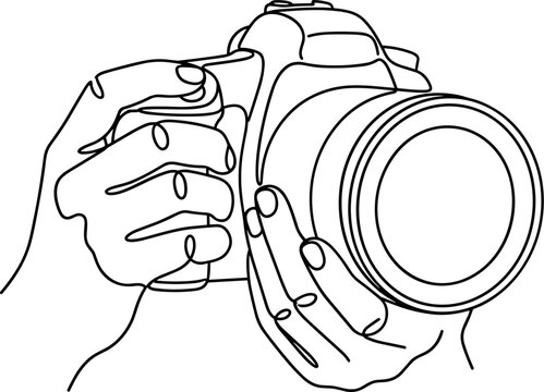 Continuous line art illustration of a person holding a professional camera.