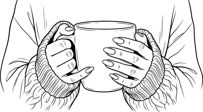 Black and white line art illustration of a person holding a hot coffee mug.