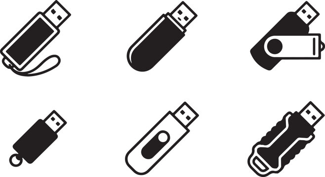 Six different usb flash drive icons in black and white Vector