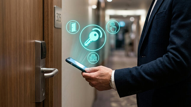 Businessman using digital key on smartphone to unlock a high-tech hotel room door, smart lock technology and hospitality innovation concept.