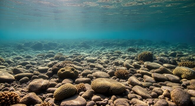 Seafloor littered with rocks and coral beneath clear blue ocean water