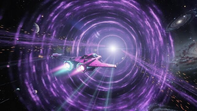 Futuristic spaceship traveling through a glowing purple wormhole in outer space with stars and galaxies