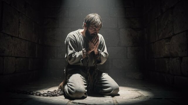 Man praying in dark prison cell with chains on hands and legs in dramatic light