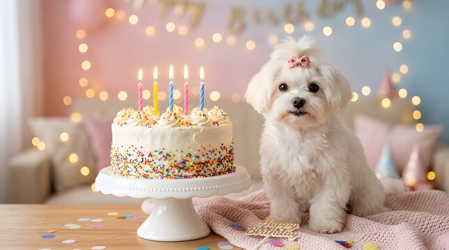 Adorable maltese dog celebrating a birthday with a colorful sprinkle cake and lit candles