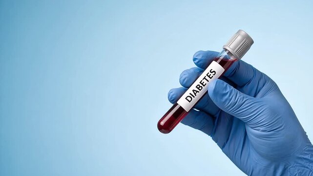 Hand in blue medical glove holding blood test tube with Diabetes label on soft medical blue background, laboratory concept with copy space