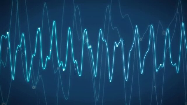 Abstract blue digital sound wave animation with glowing particles on a dark background