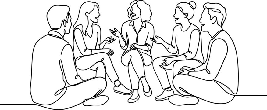 Continuous line art illustration of a diverse group of people sitting in a circle having a discussion.