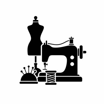 Vintage sewing machine and dress form silhouette illustration.