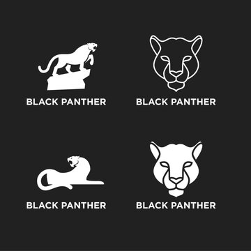 Black Panther logo collection featuring various styles: fierce full-body and head illustrations, minimalist line art, and modern flat designs