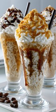Indulgent iced coffee frappes topped with whipped cream, caramel, and cookie crumbles