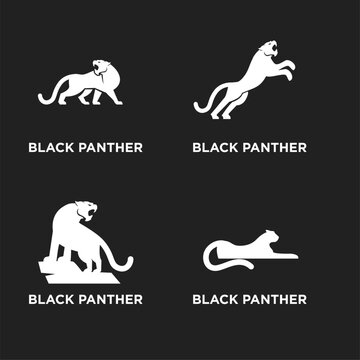 Set of 4 Black Panther logos, minimalist stylized animal silhouettes representing strength, speed, and elegance, suitable for branding, sports, and design projects.