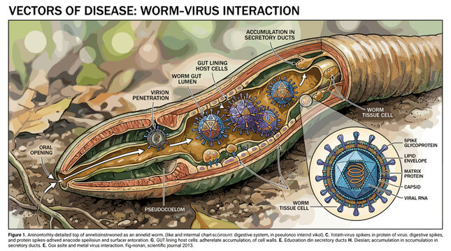 Detailed Illustration of Worm-Virus Interaction with Parasite and Host Cells