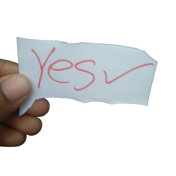 A hand holding a paper speech bubble with the word yes written in red ink isolated on transparent background
