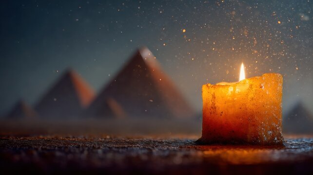 Short Pillar Candle Burning Near Pyramids Beneath The Stars