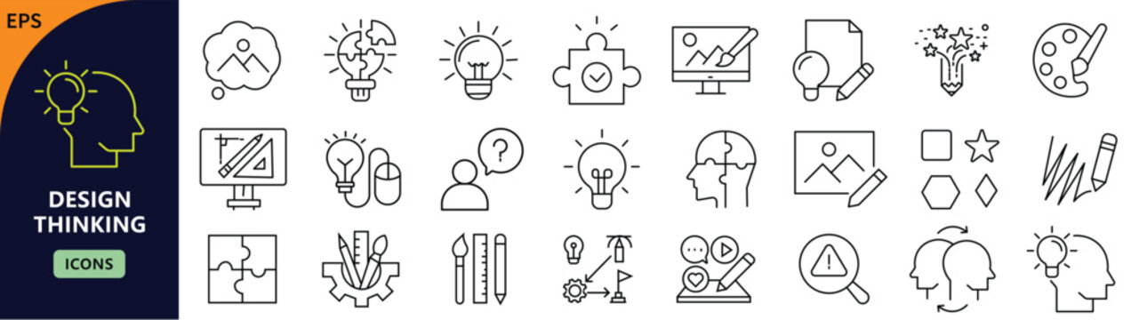 Design Thinking icon set. Containing creativity, brainstorm, prototype, innovation, process, idea, solution, empathy, and more. Editable stroke. Vector illustration