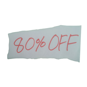 A torn paper note with 80 percent off text written in red marker isolated on transparent background