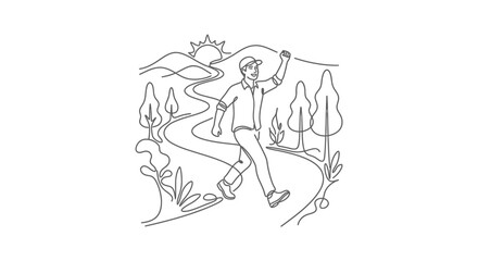 Obraz premium A man walking on a path in a minimalist line art illustration.